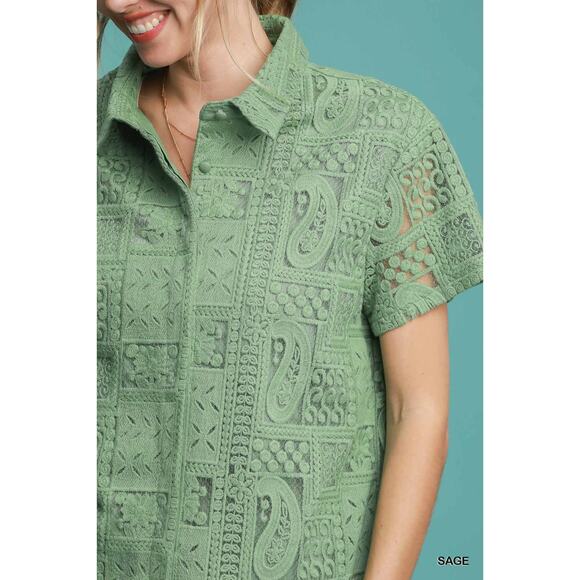 Umgee Lace Patches Detail Short Sleeves Button Down Relaxed Fit Shirt | Sage - Picture 7 of 7
